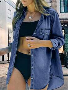 Womens Button Down Denim Shirt Long Sleeve Roll Up Casual Oversized Jean Shirt Jacket Distressed Tunic Tops - 藏蓝色 - 查看 4