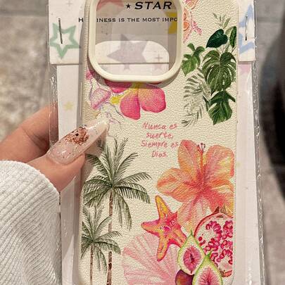 1 Peça Capa de Telefone Macia, Estilo Resort, Vintage, Fashionable, Ilustração de Hibisco e Árvore de Coco, Textura de Lichia, Anti-Queda, Anti-Deslizante, Compatível com Apple, Telefones, Versão Internacional, Não a Versão Doméstica