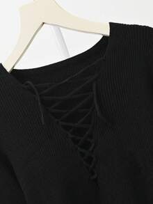 Hollow V-Neck Cropped Knit Sweater, Sleeveless, Solid Color, Sweet & Spicy Hong Kong Style - Black - View 7