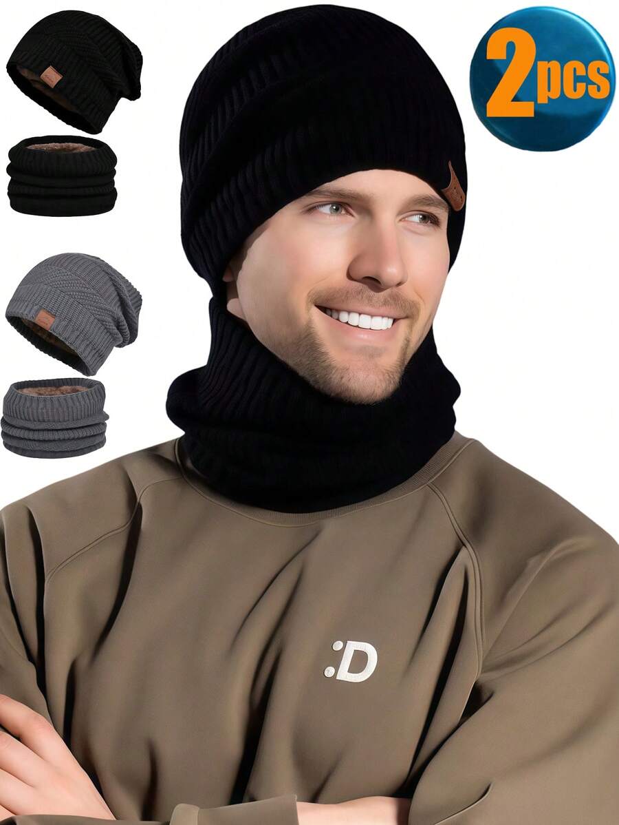 2 PIEZAS Conjunto de gorro y bufanda de invierno cálido, gorro de punto de moda apto para hombres y mujeres, gorro de lana de forro polar cálido de invierno para hombres, conjunto de 2 piezas de bufanda, protección para las orejas, gorro de lana