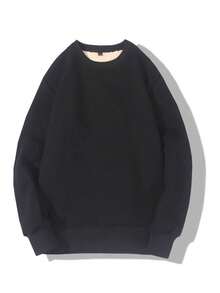 Sudadera gruesa y cálida de invierno para hombre, sudadera de cuello redondo de color liso - Negro - Ver 3