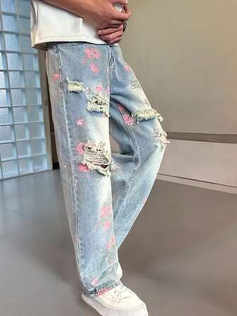 Men's Floral Print Distressed Denim Jeans