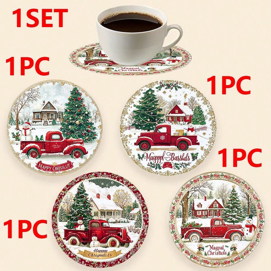1 set/10 sets de 4 piezas/set de posavasos de Navidad con diseños de Papá Noel, campana de Navidad, copo de nieve, reno, árbol de Navidad, muñeco de nieve y pingüino de Navidad. Hechos de poliéster y goma, ideales para fiestas navideñas, bares, oficinas y hogares, para cualquier ocasión, de tamaño 3.94 x 3.94 pulgadas