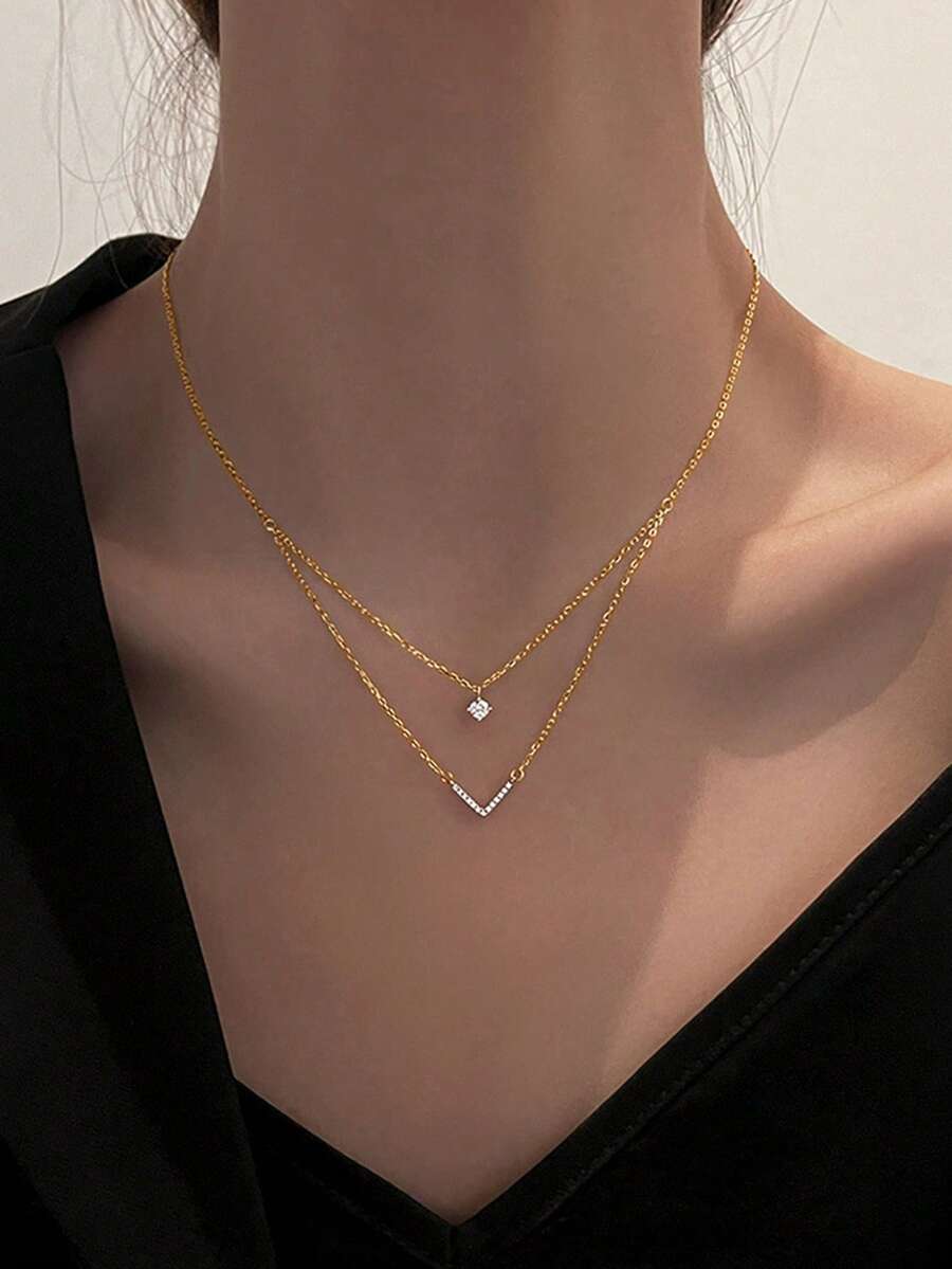1 件闪亮双层 V 形吊坠项链，适合女士，时尚个性化奢华风格精致颈链，适合日常佩戴和节日礼物 - 金色 - 查看 1