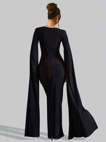 Halloween Elegant Strapless Black Long Sleeve Maxi Long Dress For Women Ruched Slit Dress Wedding Night Out Evening Cocktail Party Dress Sexy Halloween Clothes