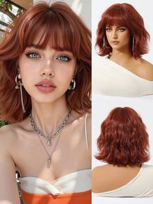 Reddish Brown Short Curly Bob Wigs With Bangs For Women 12 Inch Synthetic Curly Bob Wig For Girl Natural Looking Summer Daily Party Cosplay Use For Halloween And Christmas New Year Carnival Music Festival Cosplay ,Gifts For Girls,Summer Graduation Gifts,Ready-Made Gifts,Halloween Christmas Gifts - Reddish Brown - 查看 2