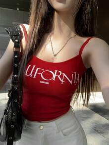 Women's Slim Fit Letter Print Camisole Tank Top, Summer - Red - View 2