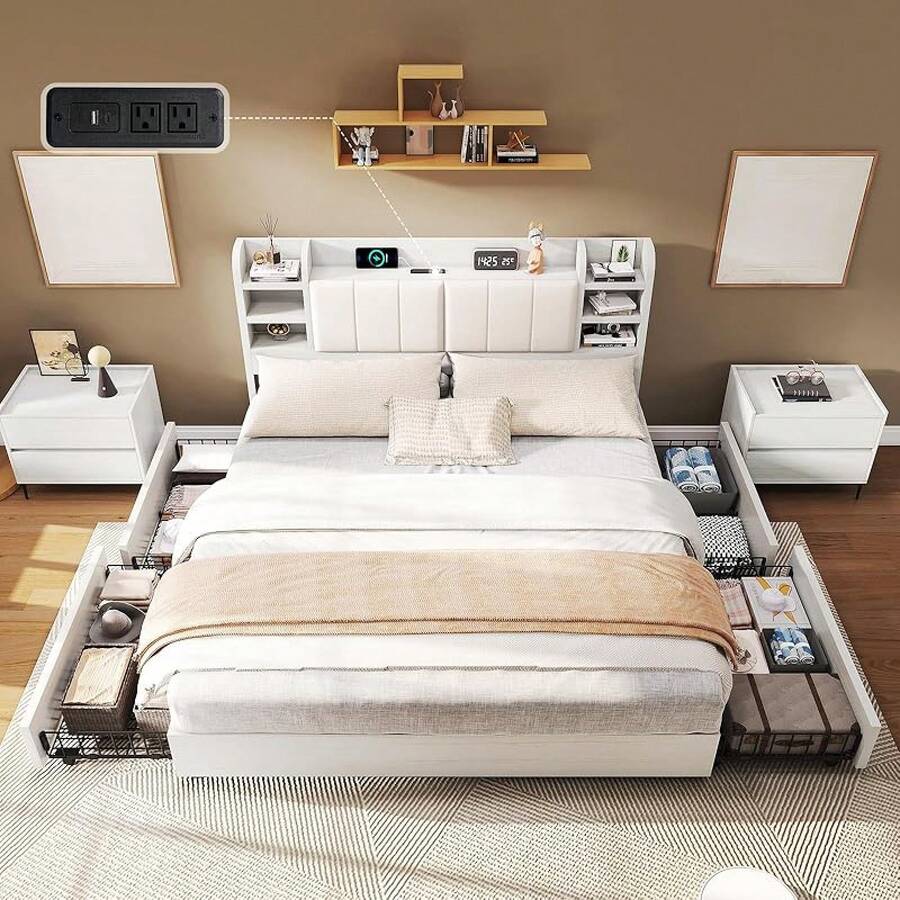 Full/Queen/King Size Storage Bed Frame With Headboard, Bookcase Shelf Design With 4 Drawers And Built-In Charging Station, Modern Platform Bed, No Box Spring Required, White - 查看 1