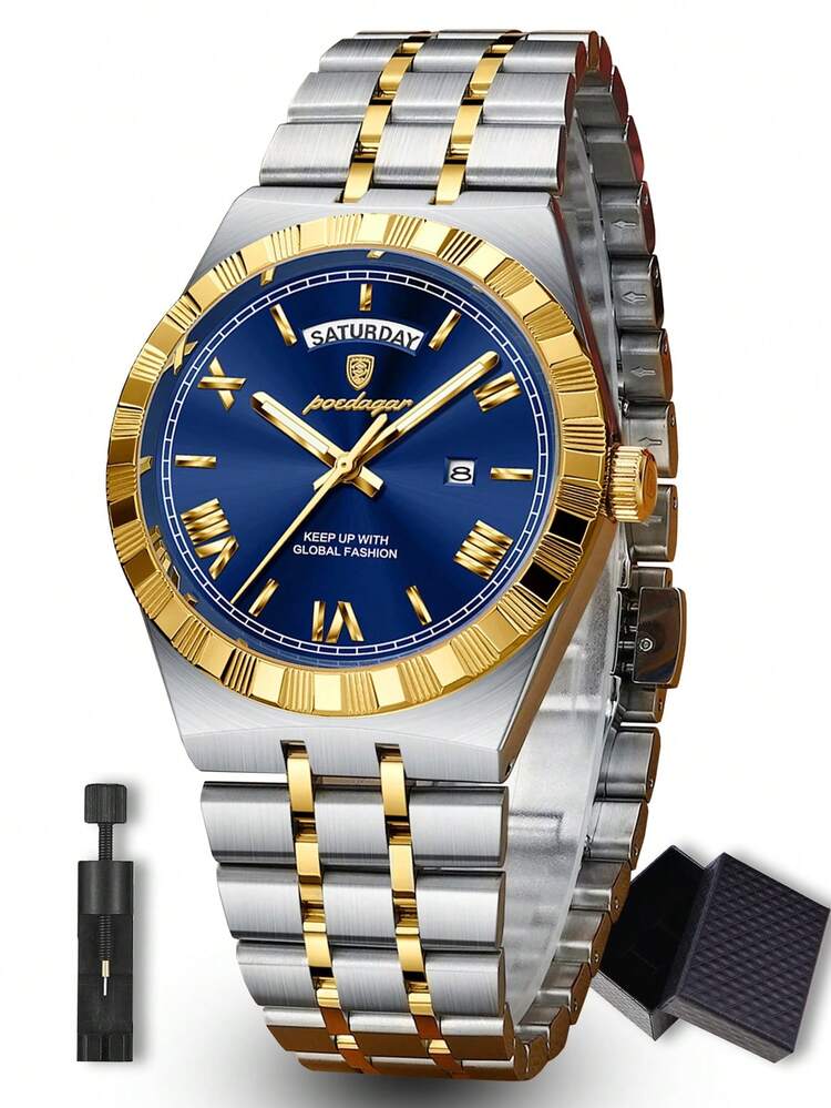 POEDAGAR 1pc Business Classic Men's Week Date Stainless Steel Quartz Watch For Man, Casual Waterproof Luminous Men Wristwatch, Fashion Luxury Male Watches Suitable For Office Occasion, Holiday Gifts For Men - Multicolor - View 15
