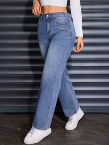 Plus Size Women's Fashion Solid Blue Washed Denim Cat Whisker Pocket Rigid Denim Wide Leg Jeans, Casual Wear For Spring, Summer, Autumn, Winter