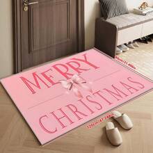 Pink Bow Decor Christmas Welcome Mat - Machine Washable, Low Pile Polyester Carpet, Suitable For Entryway, Bedroom - Rectangular, Indoor Holiday Decor - Holiday Pink Christmas Rug, Holiday Decoration Entryway Decor Bathroom Kitchen Decor Kitchen Rug
