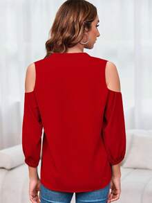 Womens V-Neck Lantern Sleeve Blouse Zipper Design Loose Casual Top Shirts - 紅色 - 查看 5