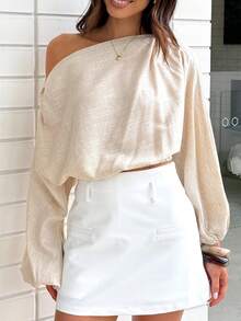 1pc Women's Off Shoulder Long Sleeve Top, Suitable For Dates, Holidays, Everyday, Birthday Parties, Singles Parties, Travel, Airport, Sports & Fitness, Spring/Autumn - Apricot - View 4