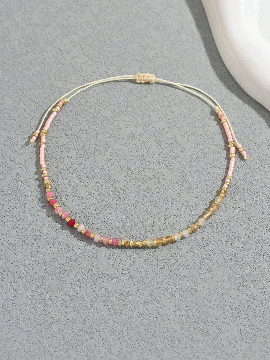 1pc Natural Stone Adjustable Rice Bead Pull Cord Bracelet