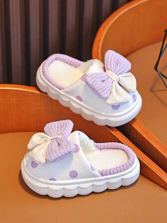 1 Pair Children's Winter Plush Slippers, Cute & Warm Slippers For Little Girls, Comfortable, Waterproof And Non-Slip, Delicate Bow Design For Little Princesses