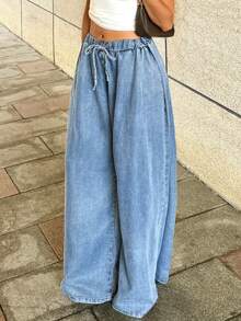 Jeans Pants For Women High Waisted Drawstring, Loose And Breathable Ultra-Thin Denim Commuting Casual Pants - Rửa nhẹ - Xem 4