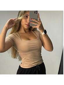 Kit Of 3 Basic Suplex Blouses, Square Neckline, Short Sleeve, Lined - 米色/白色/黑色 - 查看 7
