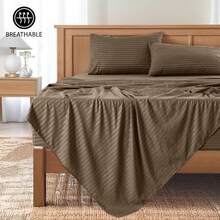 Lux Decor 4 Pc Stripe Bed Sheets High GSM Brushed Microfiber Sheets - Elevate Your Sleep Experience With Deep Pocket Bedding Sheets & Pillowcases-Graduation Gifts, Home Decor, Back-To-School Gift, Valentine's Day Bedroom, Spring Bedding Refresh, Guest Room Essentials, Dorm Room Bedding, Premium Bed Linens, Easy Care Sheets, Hypoallergenic Fabric, Year-Round Comfort, Master Bedroom Update, Matching Bedding Set, Hotel Quality Linens, Everyday Use, Classic Look, Home Basic - 棕色 - 查看 10