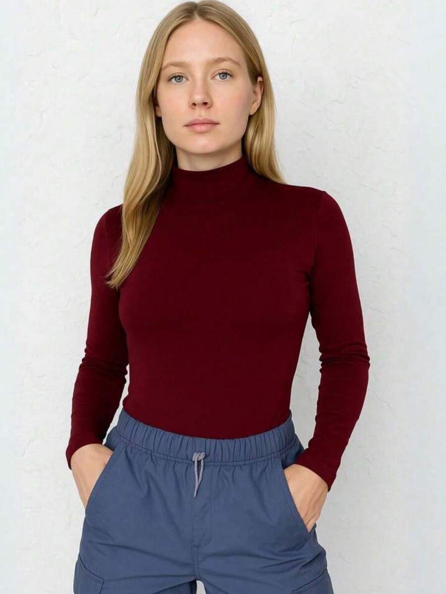 Women's Bodysuit Long Sleeve Cacharrel Simple Elegant Party Casual Fashion - 酒紅色 - 查看 1