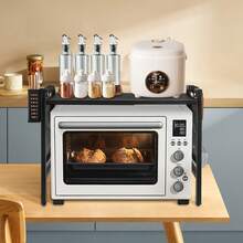 Soporte extensible para microondas con cesta de almacenamiento, multifuncional, extensible, rejilla para horno, estante de cocina de 2 niveles, acero al carbono, negro/blanco - Negro - Ver 2