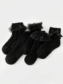 5對女孩荷葉邊休閒中筒襪適用於日常 - 白色 - 查看 10