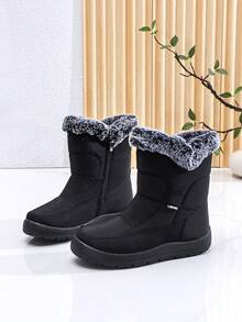 Botas curtas femininas, pretas lisas, estilo esportivo unissex, casual para uso urbano, zíper lateral, acabamento felpudo, forro térmico, quentes, adequadas para uso casual, festa, escritório, atividades ao ar livre, férias, outono/inverno, à prova d'água