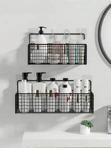 1/2/3pcs Iron Mesh Kitchen/Bathroom Storage Rack, Large Capacity Wall-Mounted Organizer Basket, No Drilling Required, Suitable For Kitchen, Bathroom, Dorm