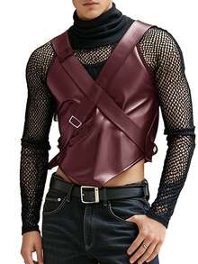 INCERUN Mens High Neck Long Sleeve Mesh Patchwork Shirt Asymmetrical  Hem Party Club Blouse T-Shirt Tops - 紅色 - 查看 1