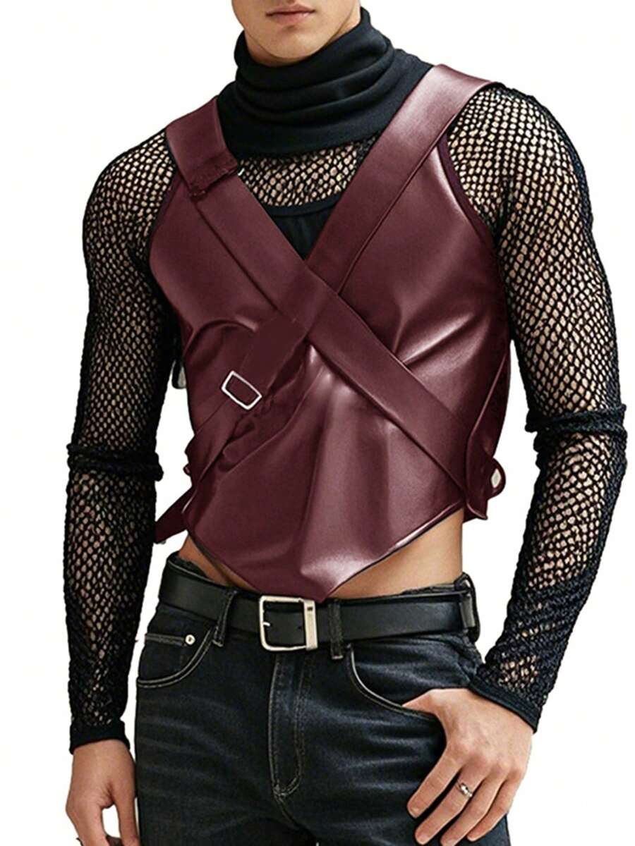 INCERUN Mens High Neck Long Sleeve Mesh Patchwork Shirt Asymmetrical Hem Party Club Blouse T-Shirt Tops - 紅色 - 查看 1