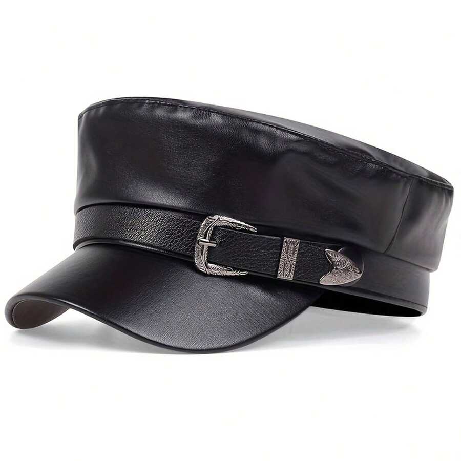 1Piece Men Metal Belt Buckle Pu Leather Flat Caps Outdoor Sunscreen Leisure Hat Spring Autumn Travel Tourism Beach Vacation - 彩色 - 查看 1