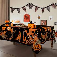 1 Stück Halloween Thema Tischdecke, Katze Mond Geist Fledermaus Orange Schwarz Muster Tischdecke, Halloween Party Dekoration, Herbst Thema Party, Feiertags Heim Dekoration, geeignet für Innen & Außen, Rund/Rechteckig/Tischdecke - Verschiedenfarbig - Übersicht 6