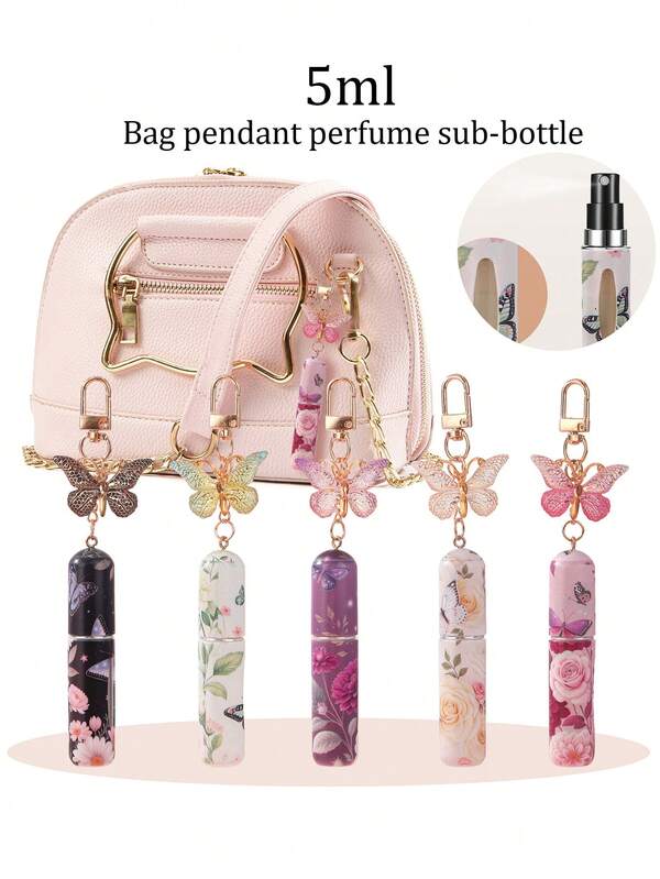 1/2pcs Crystal Butterfly Pendant Perfume Sub-Bottling, With Keychain Flower Butterfly Print Pattern Cosmetic Bottle, Women'S Bag Pendant, Bottom Filling Perfume Sub-Packaging Tool, Birthday Gift For Family And Friends, Holiday Gift, Suitable For Travel Portable 5ml