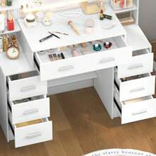 Gran tocador blanco con espejo maquillaje iluminado LED 7 cajones mueble dormitorio elegante funcional moderno almacenamiento orden cuidado personal baño hogar - Blanco - Ver 5