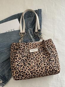 时尚条纹手提包 - 女士大容量单肩包 - 日常使用的拉链托特包 - 金属链条托特包 简约链条单肩托特包 适合少女、女大学生、新秀和白领人士 非常适合办公室工作、商务通勤 女士最佳工作包 秋季钱包 冬季猎豹印花豹纹 - 棕色 - 查看 4