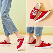 BENPAO Women's Slip On Sneakers Canvas Slip Ons Shoes Fashion Mules Womens Non Slip Loafers Casual Backless ShoesChristmas - Red - View 7
