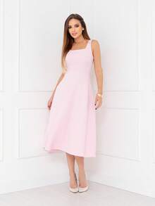 YAN FASHION Women's Midi Tailored Dress, Elegant Godet, Wide Strap, Square Neckline, Christmas - Màu Hồng baby - Xem 4