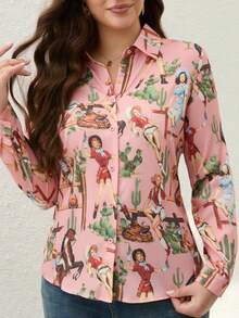 Blusa de manga larga con botones y cuello, estampado de dibujos animados, estilo occidental, talla grande, ligeramente elástica, perfecta para uso casual y de vacaciones, top de primavera y verano. Color: Rosa - Rosa - Ver 3