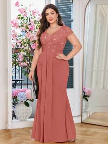 Plus Deep V-Neck Sequin Lace Contrast Ruched Draped Front Mermaid Hem Evening Party Formal Dress - Dusty Pink - View 6