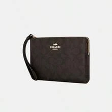 Coach 女士大号角拉链腕包，真皮手拿包，经典帆布材质，带2个信用卡槽，CZ277 IMXAQ - 胡桃木色拼黑色 - 查看 10