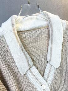 JIANHU Beige Striped V-Neck Cardigan - Autumn/Winter Knit Sweater, White Ribbed Trim And Buttons | Christmas Baking And Cozy Home - Khaki - View 4