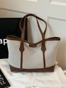 1 件棕色针织面料顺滑拉链时尚休闲拼布 2025 春夏新款小众大容量单肩托特包，适合女性日常使用 - 棕色 - 查看 2