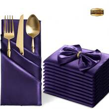 12pcs Satin Napkins 17" X 17" Square Dinner Napkins, Suitable For Party, Wedding, Event, Banquet, Daily Use (Deep Purple) - Multicolor - View 2