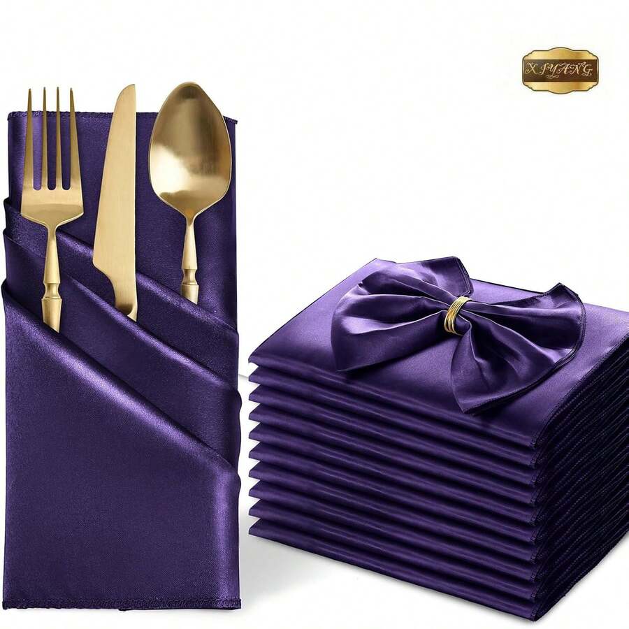 12pcs Satin Napkins 17" X 17" Square Dinner Napkins, Suitable For Party, Wedding, Event, Banquet, Daily Use (Deep Purple)