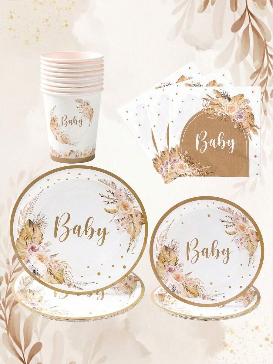 Bohemian Baby Shower Party Plate And Napkin Tableware Set, Bohemian Pampas Grass Floral Rainbow Arch Party Tableware Supplies For Baby Events, Boys And Girls Birthday Baby Shower Party,Gender Reveal Party