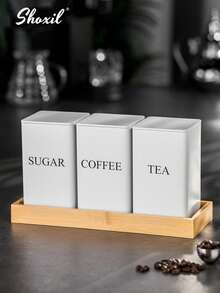 shoxil 三件套厨房储物罐，咖啡茶糖罐套装，白色/黑色带盖储物罐，配竹勺，复古金属密封盖储物罐套装，适用于存放咖啡、茶、糖等食品，厨房收纳，餐厅、客厅、茶室皆宜，馈赠亲友佳品 - 彩色 - 查看 3