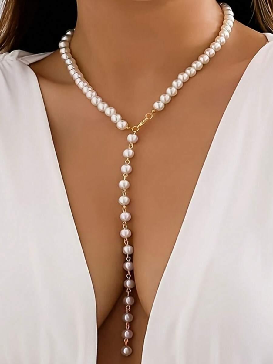 Elegante collar en forma de Y con hebras de cuentas de perlas falsas - Hebra larga de moda, adecuado para ocasiones casuales y especiales, muy de moda
