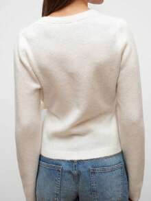 Jersey de mujer con cuello en V profundo y frente cruzado - Suéter corto de punto de manga larga con lazo lateral y ajuste ceñido - Marfil - Ver 4
