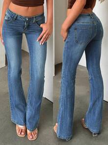 Women's Casual Light Wash Denim Straight Leg Jeans With Pockets And Button Zipper Closure, Slight Stretch, Comfortable And For All Seasons - Blue - View 1