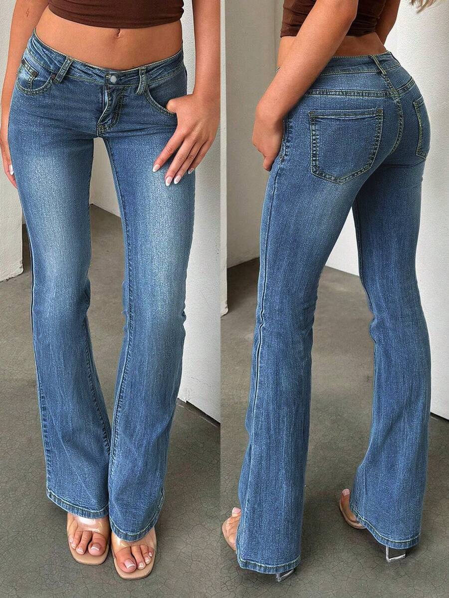 Women's Casual Light Wash Denim Straight Leg Jeans With Pockets And Button Zipper Closure, Slight Stretch, Comfortable And For All Seasons - Blue - View 1