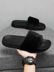 Unisex Casual Fluffy Slippers For Teens And Adults, Fashionable Fuzzy Slides For Outdoor, Campus, And Indoor Home Use, Warm And Comfortable, Slip-On Design (Some Uneven Or Uneven Fur, Edge Shedding May Occur But Does Not Affect The Overall Look)